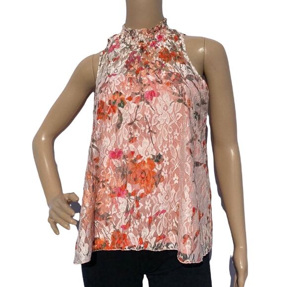 Status by Chenault Pink Women's Floral Lace Shirred Mock Neck Sleeveless Top S - Picture 1 of 9